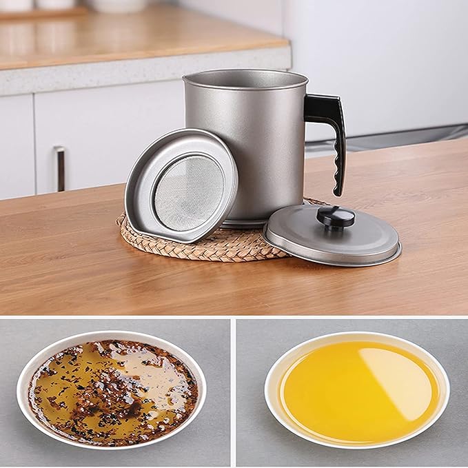 Kitchen Oil Filter Pot Container Grease with Strainer, 1.4L Used Cooking Oil Storage Can